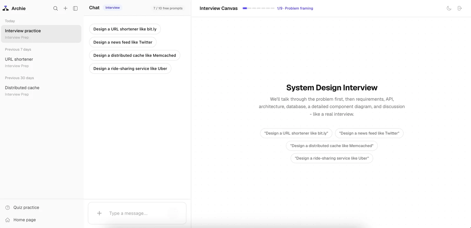 The Archie app: chat sidebar with saved interview sessions beside the live interview canvas.