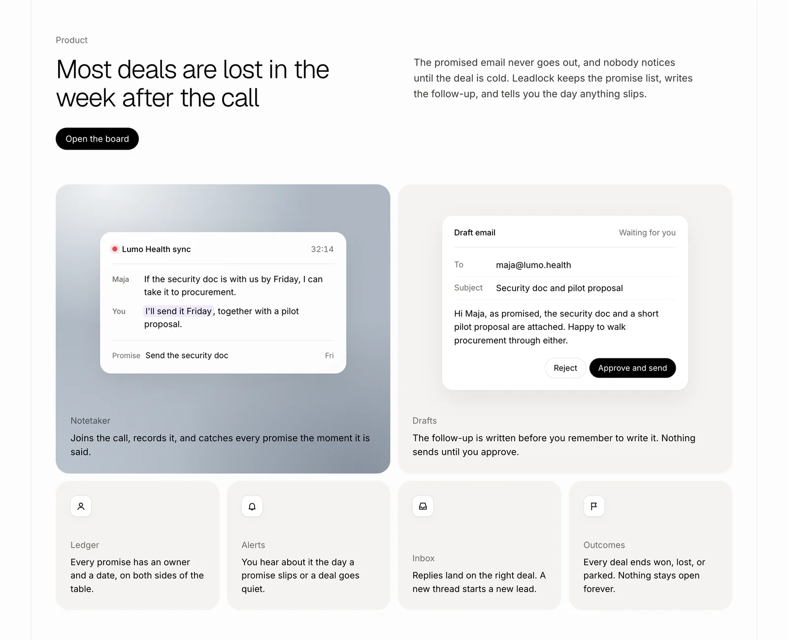 A call transcript where a promise, I'll send it Friday, is highlighted, beside a drafted email waiting on Approve and send.