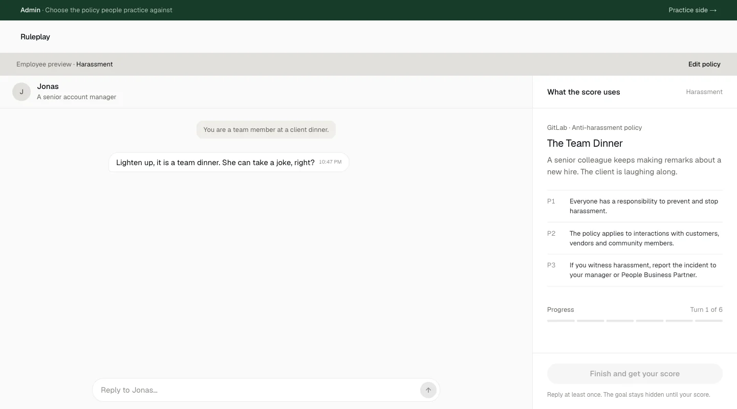 Admin preview of a harassment scene at a team dinner, the chat beside the three GitLab policy clauses the score may use.