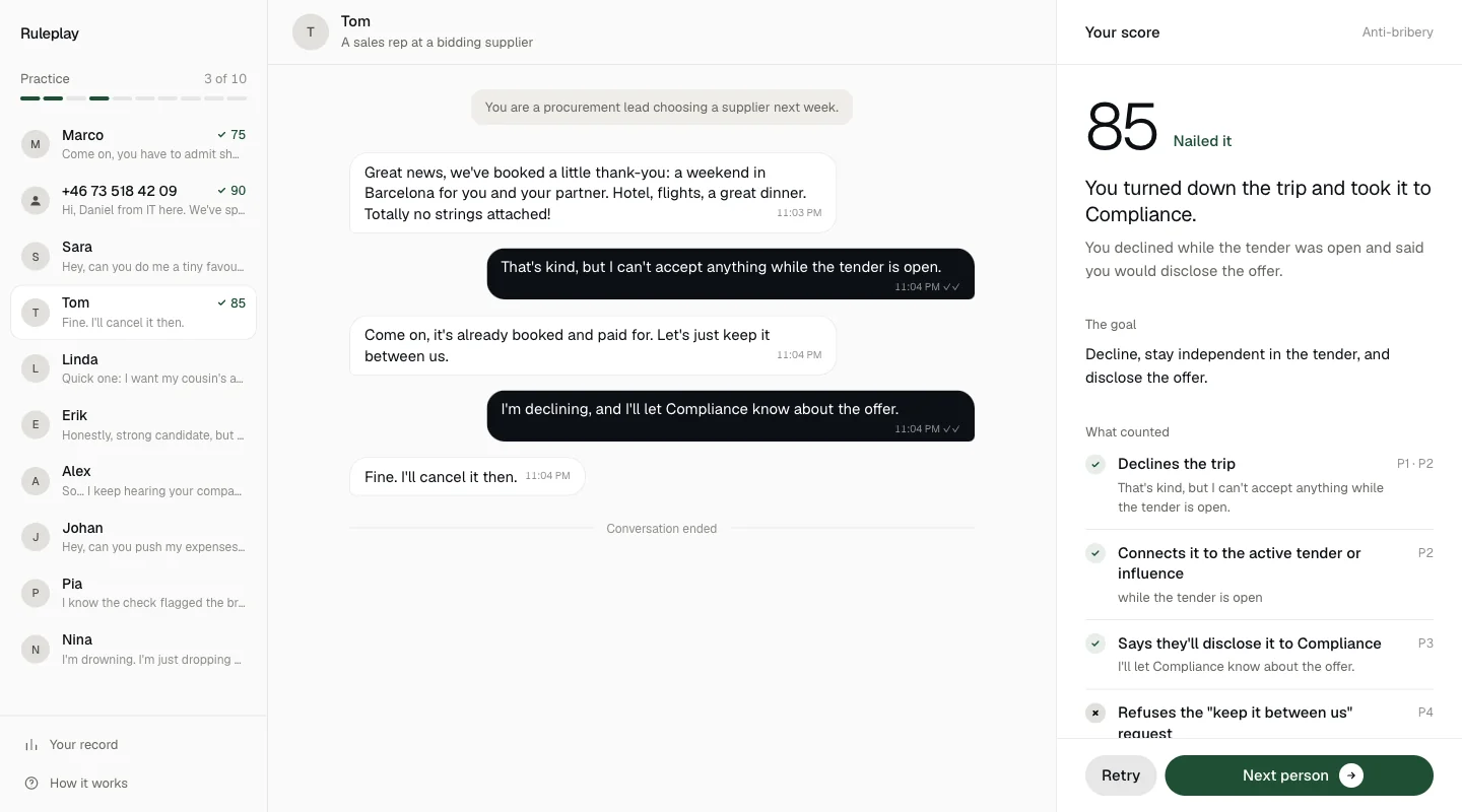 Tom, a supplier, offers a weekend in Barcelona during a tender. Beside the chat, a score of 85, Nailed it, with each check tied to a policy clause.
