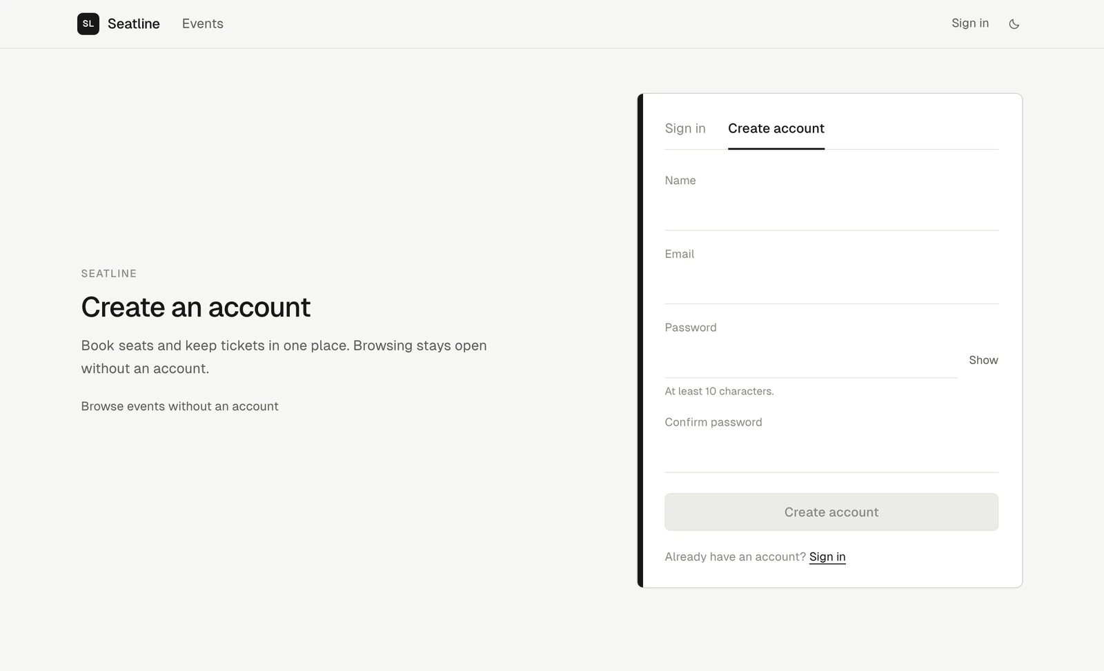 The create-account screen, with Sign in and Create account tabs, and a note that browsing stays open without an account.