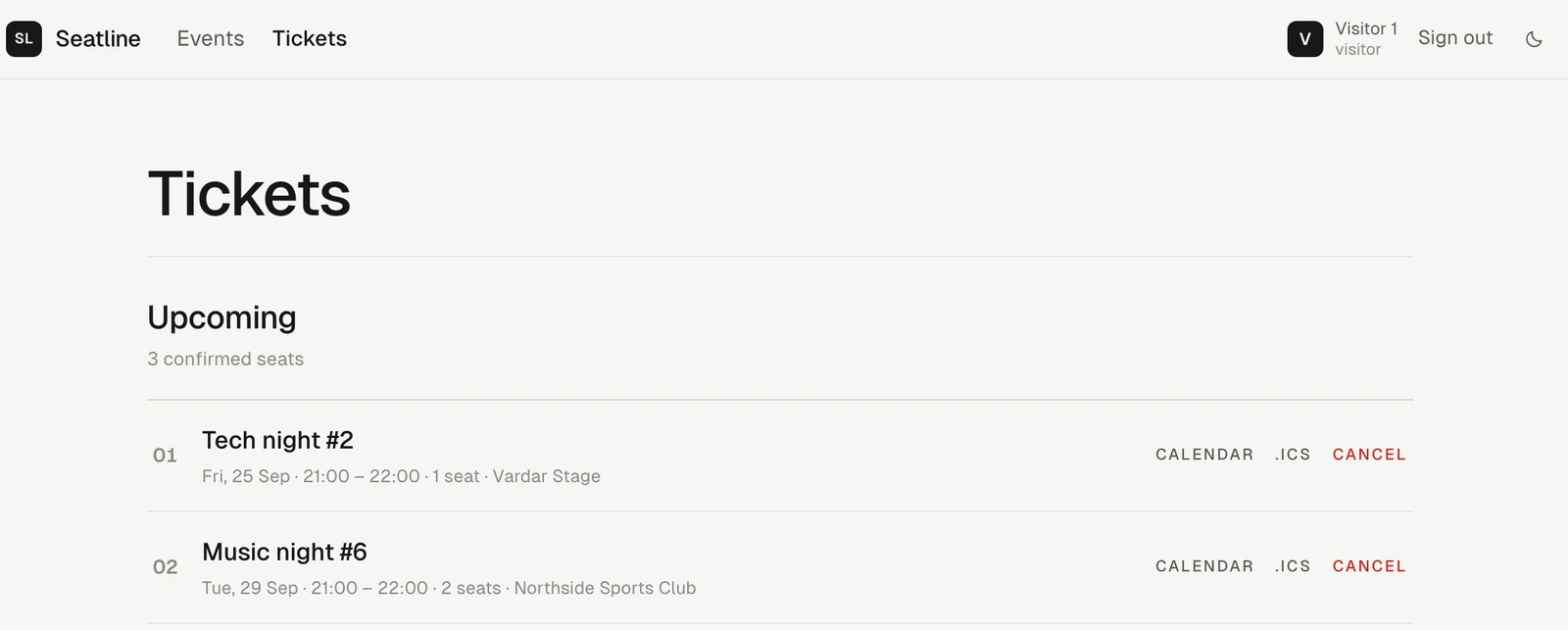 The Tickets page listing three confirmed seats across two nights, each row offering calendar, .ics and cancel.