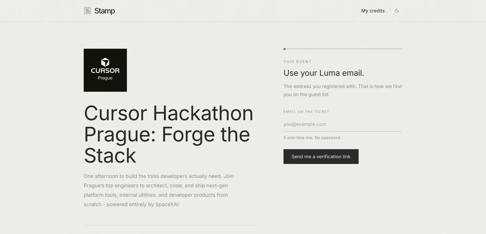 The Prague hackathon page in Stamp, with a panel asking for the email on the Luma ticket and offering a one-time verification link.