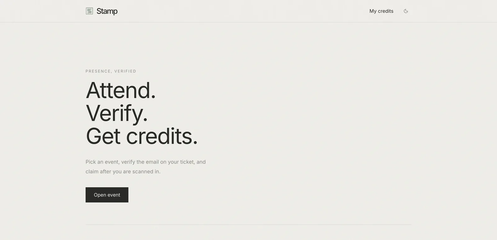 Stamp home page reading Attend. Verify. Get credits., above the three steps of the claim.