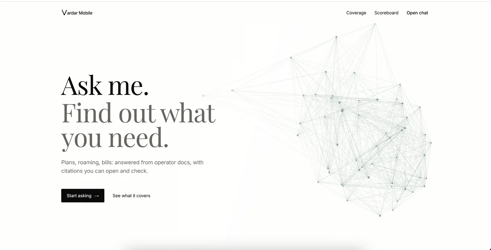 Vardar Mobile landing page: a large serif headline over a network graph of the operator document corpus.